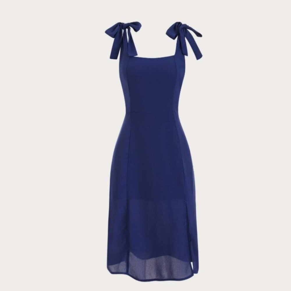 RIHOAS The Solid Tie Strap Split Midi Dress, M, Navy, NWT
